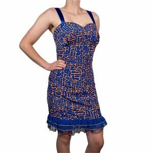 Ever-Pretty Blue and Orange Patterned Midi Dress
